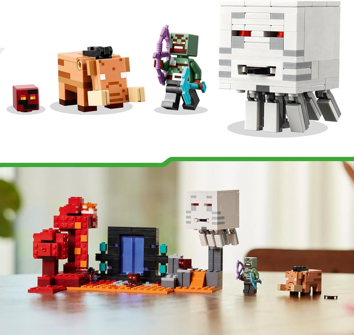 LEGO Minecraft Ambush la portalul Nether, jucărie de jocuri în Nether pentru copii cu scene de luptă și figuri legendare, inclusiv Ghast, cadou pentru băieți și fete gamer de la 8 ani 21255