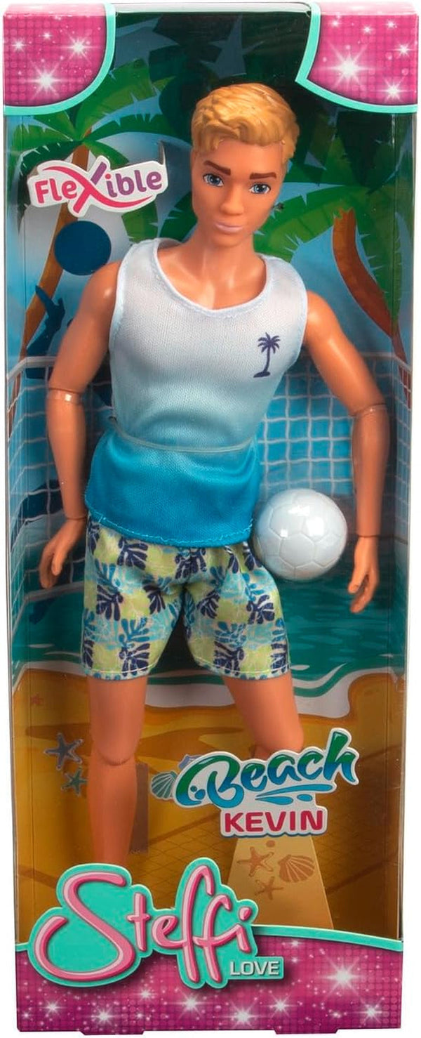 Steffi Love Beach Kevin, Kevin în costum de baie cu tricou și mingea de volei, complet mobil, 30cm păpușă de joacă, de la 3 ani, alb