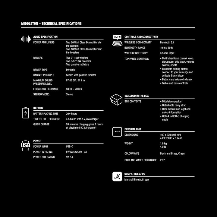 Marshall Middleton Difuzor Bluetooth portabil fără fir, peste 20 de ore de redare portabilă, rezistent la apă IP67 - negru și alamă