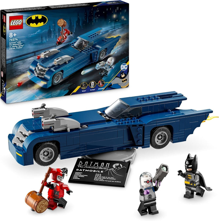LEGO DC Batman: Batman în Batmobil vs. Harley Quinn și Mr Freeze, mașină de jucărie din seria animată pentru copii, cadou pentru băieți și fete de la 8 ani 76274