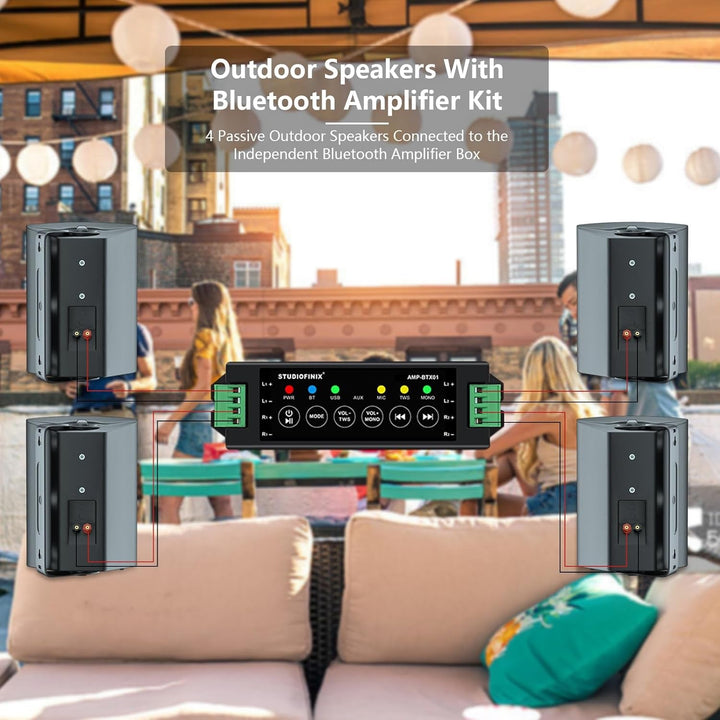 STUDIOFINIX 800W 6,5 Zoll Outdoor-Lautsprecher Wasserdicht Mit Bluetooth-Verstärker Wandhalterung Wetterfester Lautsprecher Für Patio Garten Poolside Home (4 Lautsprecher, Schwarz)