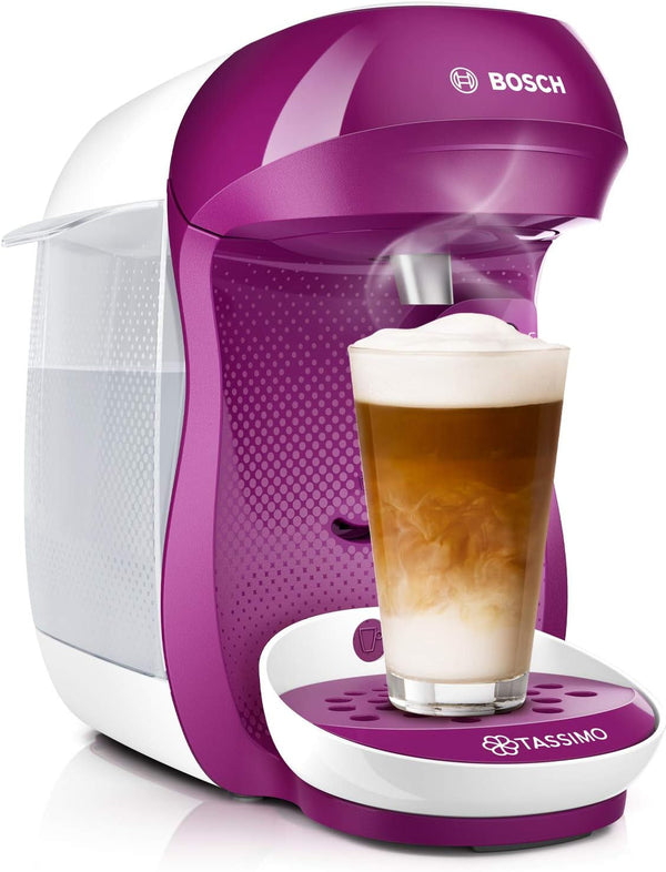 Espressor Bosch Tassimo Happy Capsule TAS1001, 70 de băuturi, complet automat, potrivit pentru toate tipurile de cești, economisește spațiu, 1400 W, roz
