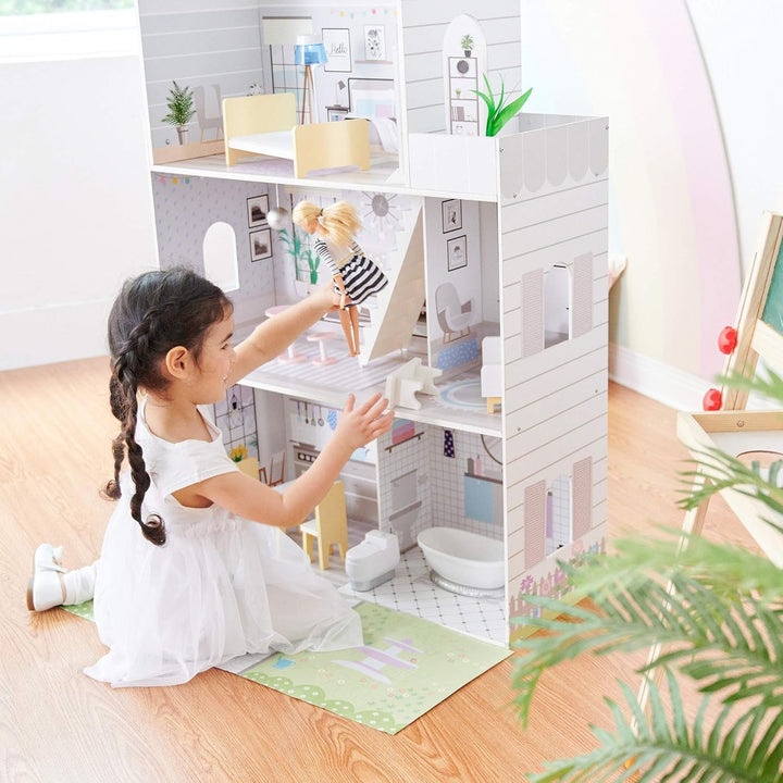 Teamson Kids Olivias Little World Giant Doll House cu 16 accesorii pentru păpuși, casă de păpuși din lemn cu mobilier, cu 3 etaje, casă de păpuși pentru copii pentru păpuși de 12 inci/30 cm, vârsta 3 ani+