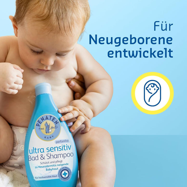 PENATEN Ultra Sensitive Bath & Shampoo (400 ml), baie și șampon pentru bebeluși deosebit de blând pentru pielea foarte sensibilă a bebelușilor predispuși la neurodermatită, gel de duș și șampon de păr fără parfum și coloranți