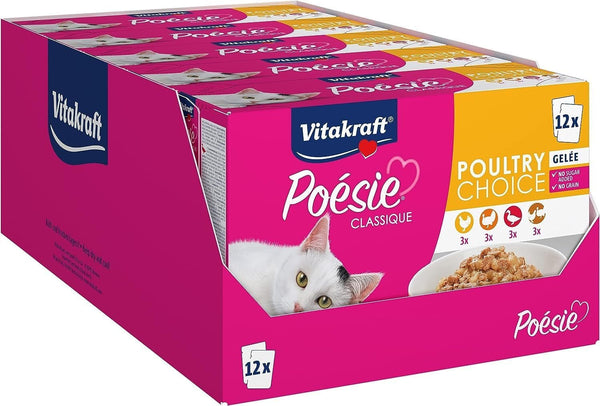 Vitakraft Poésie Classique, hrană umedă pentru pisici, jeleu de hrană umedă pentru pisici, cu pui, cu curcan, cu pasăre, cu rață, fără adaos de zahăr și cereale (5 pachete de 12X 85G)
