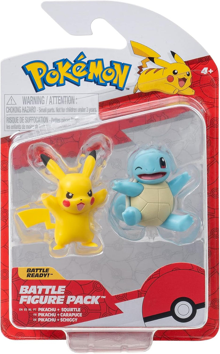 Pokémon PKW3586 - Battle Figure Pack - Pikachu și Schiggy, figuri oficiale detaliate, 5 cm fiecare