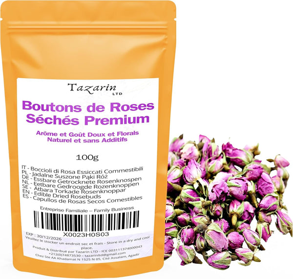 100 g muguri de trandafir comestibili premium - infuzie din petale de trandafir Atlas uscate - gust și aromă dulce și florală - 100% natural, pur și fără aditivi | Tazarinltd