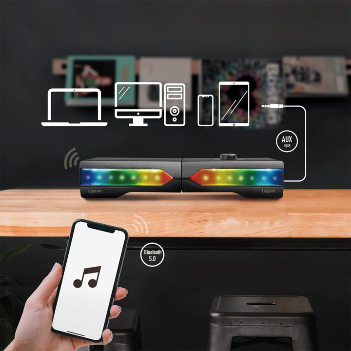 Logilink Mobile Soundbar Mit Party Licht, 2-In-1 Gaming Sound System, Anschluss Über Bluetooth V5.0 Oder 3,5Mm Stereo Klinke, Schwarz