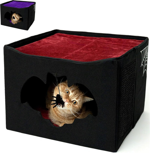 Pat gotic pentru pisici sau animale de companie, pliabil ca o casă de Halloween, 43 x 43 x 32 cm, cu intrare în formă de liliac, jucărie de păianjen, pernă de zgâriat și pernă moale pentru pisici gotice.