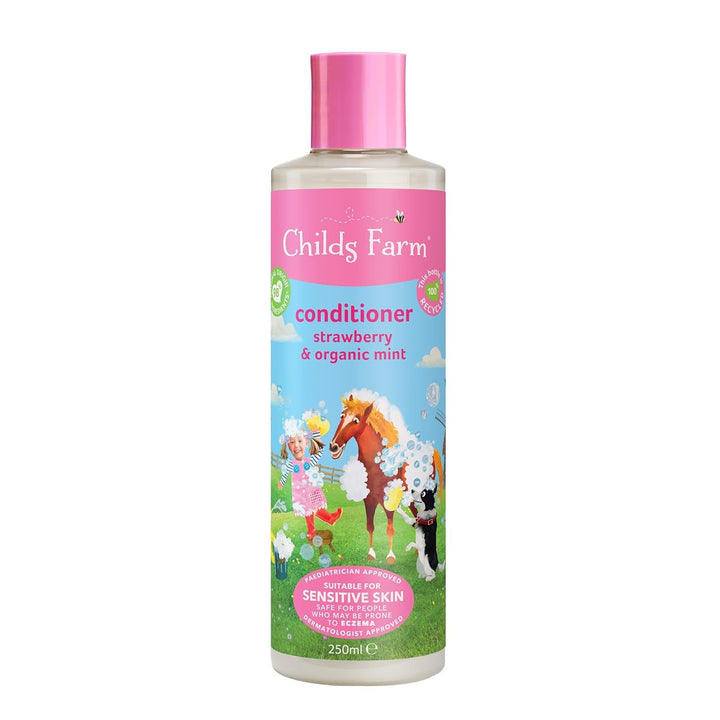 Balsam Childs Farm pentru copii 250 ml | Căpșuni și mentă organică | Toate tipurile de păr | Hrănește și hrănește | Potrivit pentru pielea uscată, sensibilă și predispusă la neurodermatită