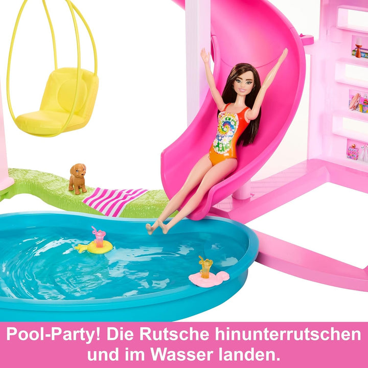 Barbie Dream Villa, casă Barbie cu 3 etaje cu 10 zone de joacă, inclusiv piscină, tobogan, lift, 75 de accesorii pentru păpuși, cățeluș de jucărie, jucărie pentru copii cu vârsta de peste 3 ani, HMX10
