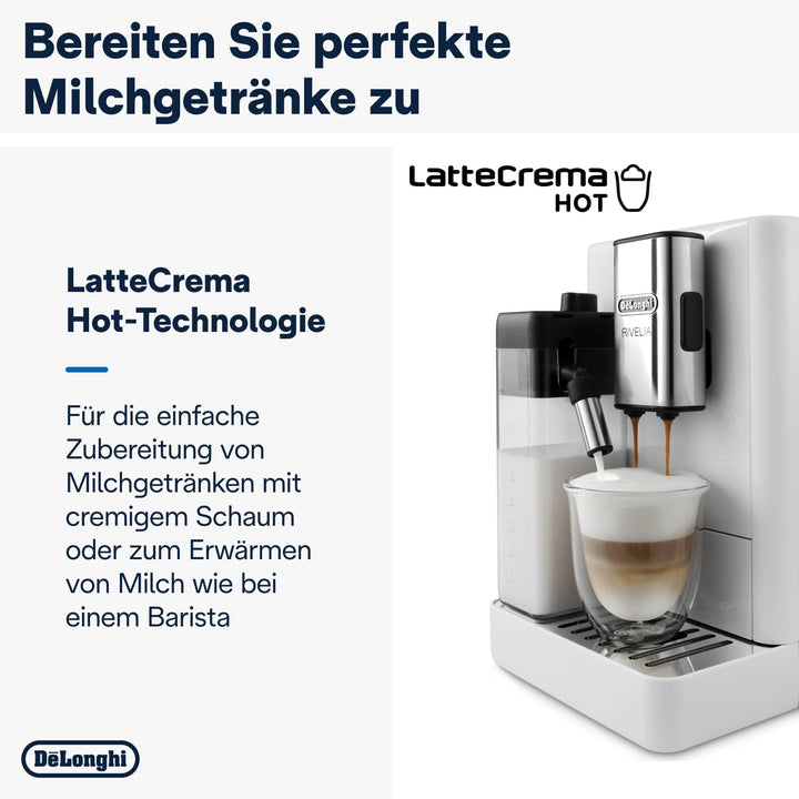 De'Longhi Rivelia EXAM440.55.W Aparat de cafea complet automat Cu sistem de lapte Lattecrema, container de boabe interschimbabil, 16 băuturi de cafea și lapte la apăsarea unui buton, funcție extra shot, ecran tactil de 3,5", alb