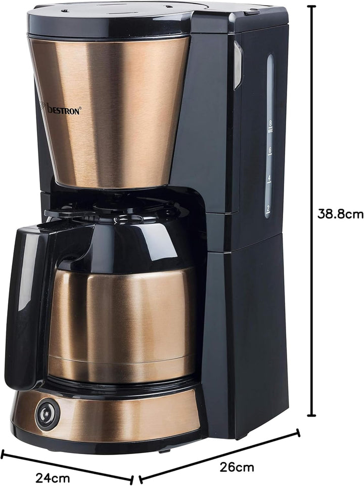 Bestron Espressor cu filtru pentru 8 cești de cafea, Espressor cu termos de 1 litru, Include filtru permanent și oprire automată, 900 W, Culoare: Cupru