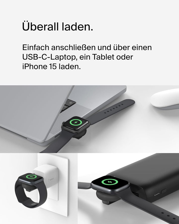 Belkin BoostCharge încărcător portabil USB-C pentru Apple Watch - încărcător USB-C certificat MFi pentru Apple Watch Series 9, 8, 7, Ultra, etc. Compatibil cu MacBook, iPhone 15, etc. Negru
