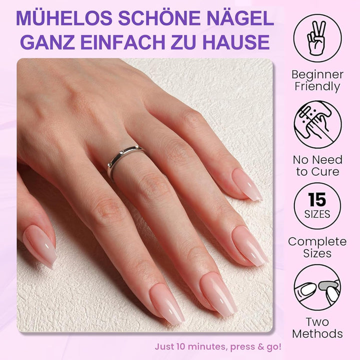 Set 420 de unghii false - Unghii tip balerina cu gel moale, acoperire completă, unghii artificiale cu gradient alb nud pentru lipire, unghii false pentru arta unghiilor (Ballerina White Nude)