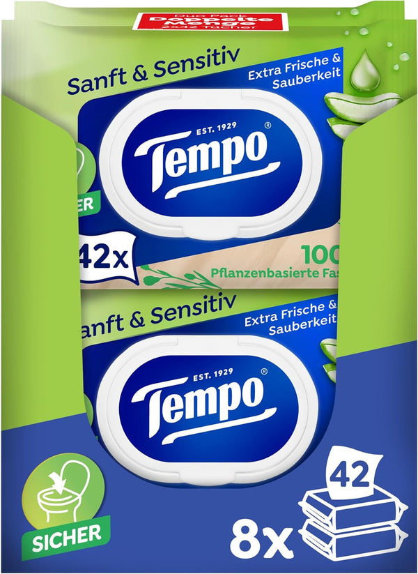 Șervețele umede de toaletă Tempo ''Gentle & Sensitive'' - Megapack - 16 pachete cu 42 de șervețele fiecare - Duo Packs - Aloe Vera naturală - Hârtie igienică, testată dermatologic, neutră pentru piele