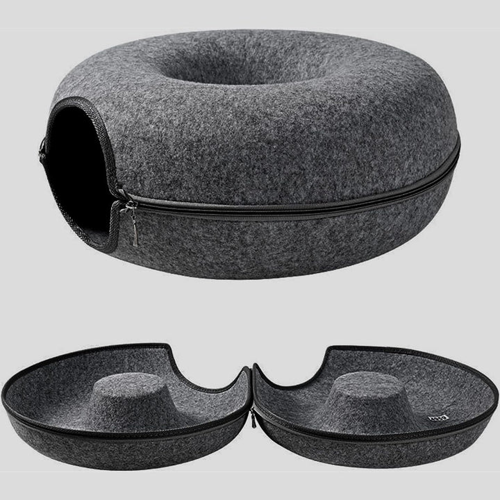 Pat pentru pisici, Peșteri și căsuțe, Jucărie tunel detașabilă, poate fi folosită pentru paturi pentru pisici sau jucării pentru pisici, Cuib de pisică cu design rotund din fetru, Pat pentru pisică cu gogoașă, fetru dur și respirabil (L)