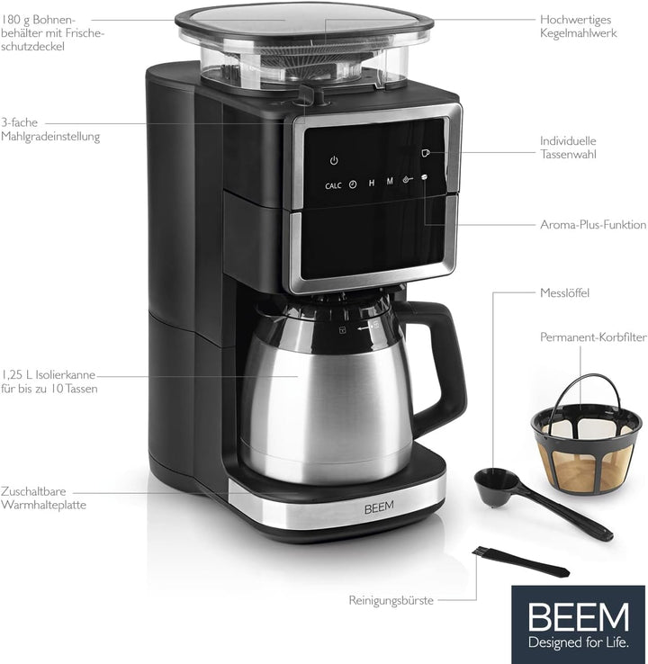 Espressor cu filtru BEEM FRESH-AROMA-PERFECT III cu râșniță - Thermo | Oțel inoxidabil | Cu vas izolat și funcție Aroma Plus | Filtru permanent și temporizator de 24 de ore | 1000 W | Până la 10 cești