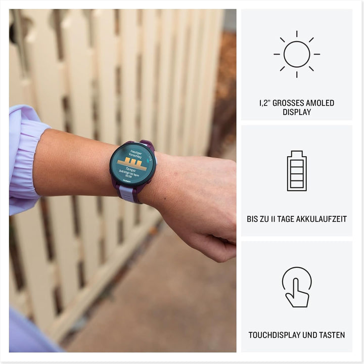 Garmin Forerunner 165 Music - smartwatch GPS ușor pentru alergare, cu ecran tactil AMOLED de 1,2", recomandări de antrenament, date despre sănătate, funcții inteligente și muzică pe încheietura mâinii