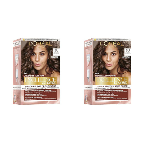 L'Oréal Paris Vopsea de păr permanentă pentru fiecare ton de piele, colorare fără amoniac, tonuri nude universale cu acoperire completă a părului gri, Excellence Creme, nr. 5U Castaniu deschis (maro), 1 buc Vopsea pentru par Naty Shop 5U 192 G (pachet de 2)