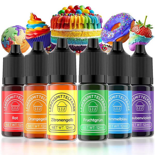 Lebensmittelfarbe 6 Farben X12Ml, Hochkonzentriert Lebensmittelfarbe Flüssig Zum Backen, Lebensmittel Farben Food Coloring Set Für Fondant, Christmas Kuchen, Macarons,Donuts,Kekse (Regenbogen)