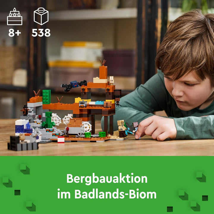 LEGO Minecraft Mina din Badlands, jucărie minieră pentru joc video, set pentru băieți și fete cu vârsta de peste 8 ani, cărămizi distractive de construcție, set de aventură, cadou de ziua de naștere 21263