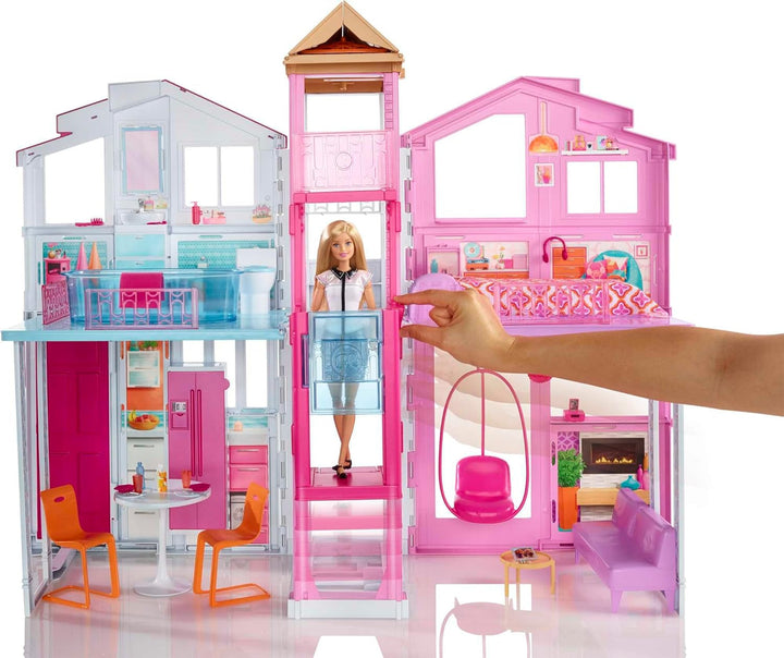 Barbie House Dream Villa, casă de oraș cu 3 etaje și 5 camere, inclusiv accesorii precum mobilier, pliabilă și depozitabilă, jucării de la 3 ani, DLY32