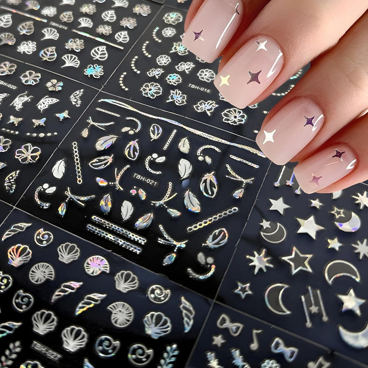 30 Blatt Aurora-Nagelkunst-Aufkleber, Selbstklebende 3D-Blumen-Nagelaufkleber, Aurora-Mond-Stern-Nagelaufkleber Für Nagelkunst, Blatt-Herz-Nageldesign Für Diy-Acrylnägel-Dekoration