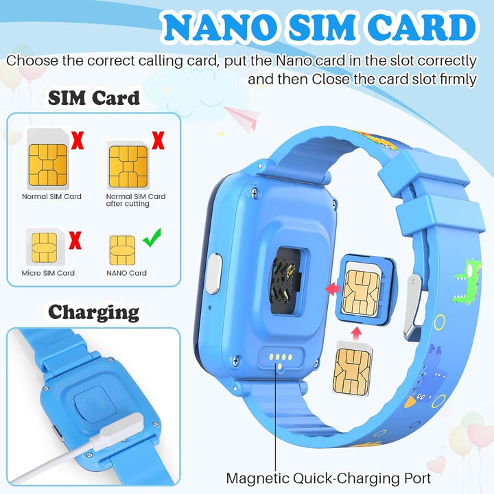4G smartwatch pentru copii cu cartela SIM, GPS tracker, mai multe stiluri de desktop pentru a alege de la, apeluri bidirecționale, SOS, Wi-Fi, touchscreen rezistent la apă pentru 4-12 băieți și fete (T13 Blue)