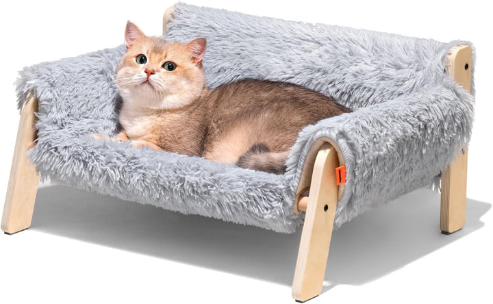 MEWOOFUN Canapea pat pentru pisici, din lemn, 56 x 45 cm, canapea robustă pentru pisici de dimensiuni mari - Scaun modern pentru pisici cu husă detașabilă, capacitate de încărcare 10 kg (alb, 56 x 45 cm)