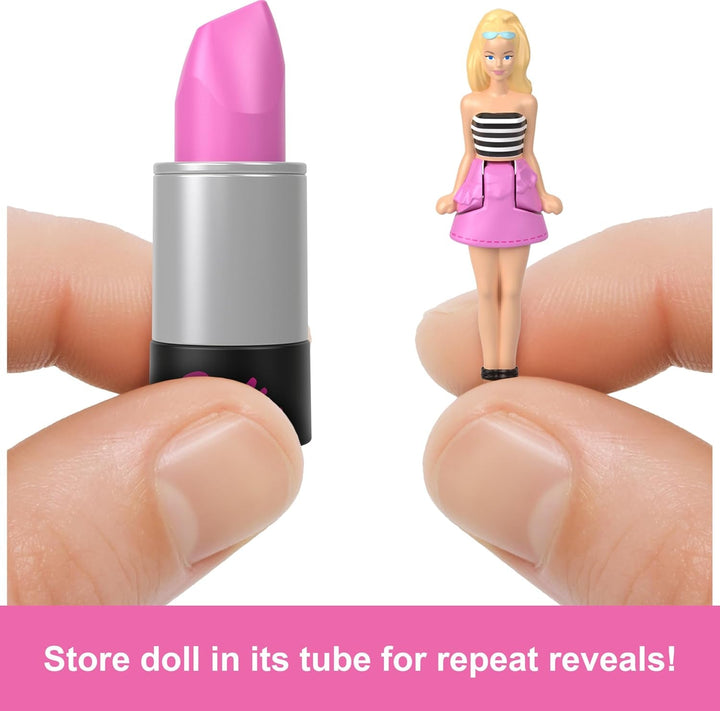 Barbie Mini Barbieland Set de 5 păpuși Fashionistas, Aprox. 3.8cm înălțime Mini păpuși în mâneci de ruj, set de colecție cu surprize (stilurile pot varia), JBD26