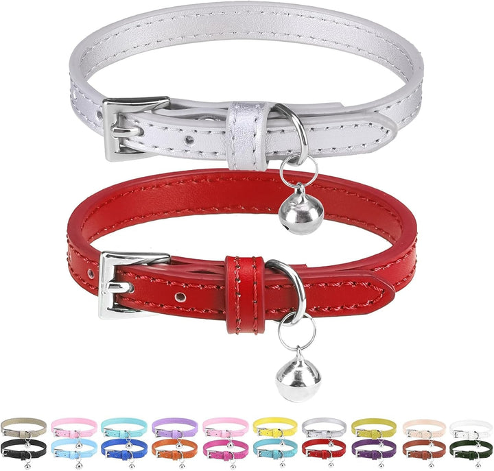 PUPTECK Zgardă pentru pisici din piele moale cu clopoțel pentru pisoi, 2 buc., portocaliu, violet, negru, kaki, albastru, roz-roșu, 22,1-26 cm (alb și verde închis, 22,1-26 cm)