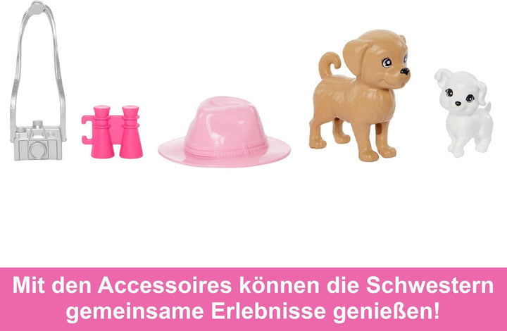 Barbie și sora mai mică Stacie - Asigură aventurile fraților în haine de vară și accesorii, inclusiv aparat de fotografiat, binoclu, pălărie de vară și două pălării mici, pentru copii de la 3 ani, HRM09