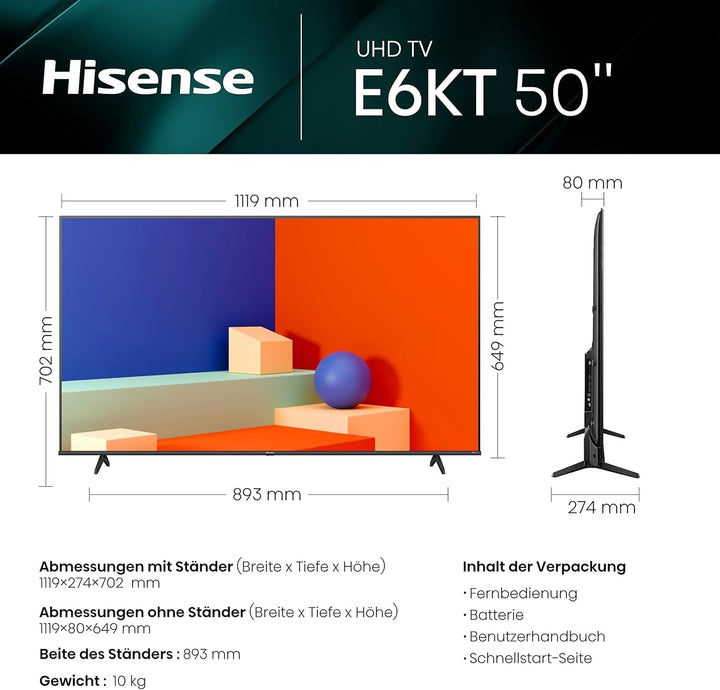 Hisense 50E6KT 127Cm (50 Zoll) Fernseher, 4K UHD, LED, Smart TV, HDR, Dolby Vision, Triple Tuner DVB-C/S/S2/T/T2, Wifi, Bluetooth, Alexa Built-In, Hotel Mode [2023], Schwarz