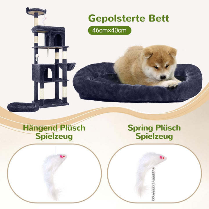 Ansamblu de pisici pentru Maine Coon, ansamblu de 183 cm înălțime, cu căsuță mare, platforme, stinghii, coș, pat pentru pisici, grajd, ansamble pentru pisici adulte de talie mare, peste 5 kg (S72, gri fumuriu)