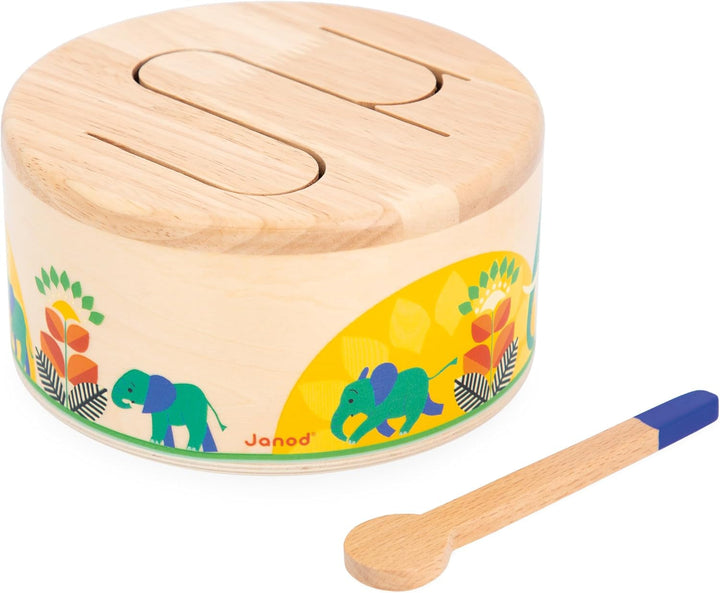 Janod - Tobă Gioia - Tobă din lemn FSC + tobă - Joc de rol și educație muzicală timpurie - Acuarelă - De la 18 luni, J07650 Jucarii Bebe Naty Shop