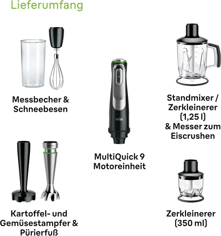 Braun Multiquick 9 MQ 9147X – 5-In-1 Stabmixer Mit Standmixer-Aufsatz, Zerkleinerer, Kartoffel- & Gemüsestampfer & Schneebesen, Stufenlose Geschwindigkeitseinstellung, 1200 W, Schwarz/Edelstahl