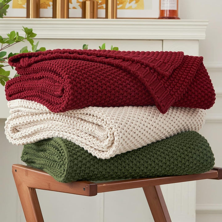 Chunky tricot arunca pătură, Lightweight, Bej, 100% bumbac organic, Pătură pentru canapea, canapea, pat, copil, camera copiilor, Rustic, Shabby chic, Modern farmhouse, 152.4 X 203.2 cm, Inclusiv sac de rufe Paturi si Cuverturi Longhui bedding Roșu 51 "X63"