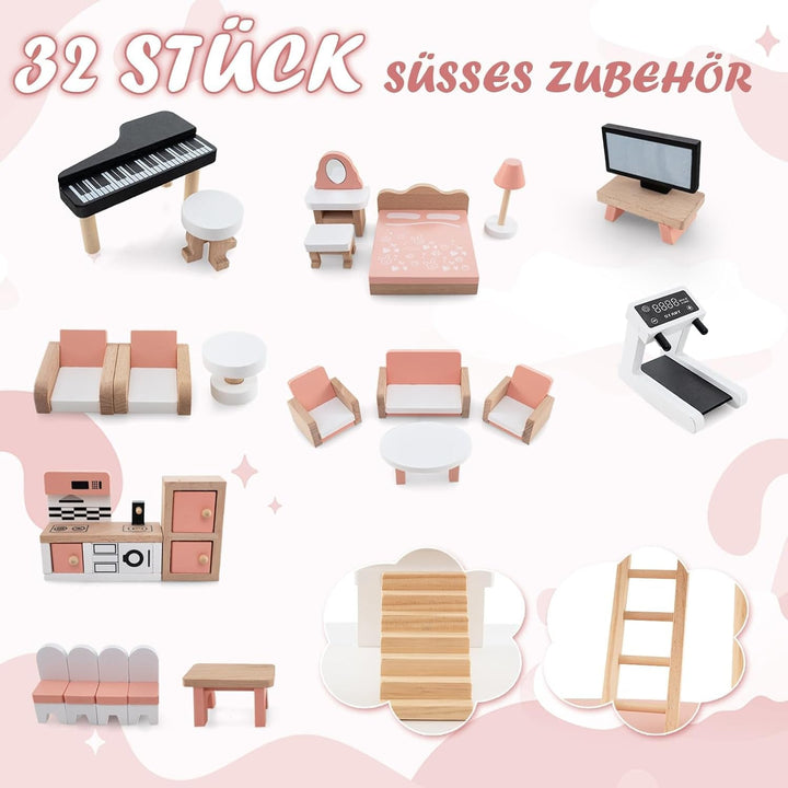 Casă de păpuși din lemn FANTASK, casă de păpuși de 85 cm înălțime 7 camere cu 32 de mobilier și accesorii, vilă de păpuși cu scară de frânghie, cadou de casă de păpuși pentru fete de la 3 ani (Model 3)