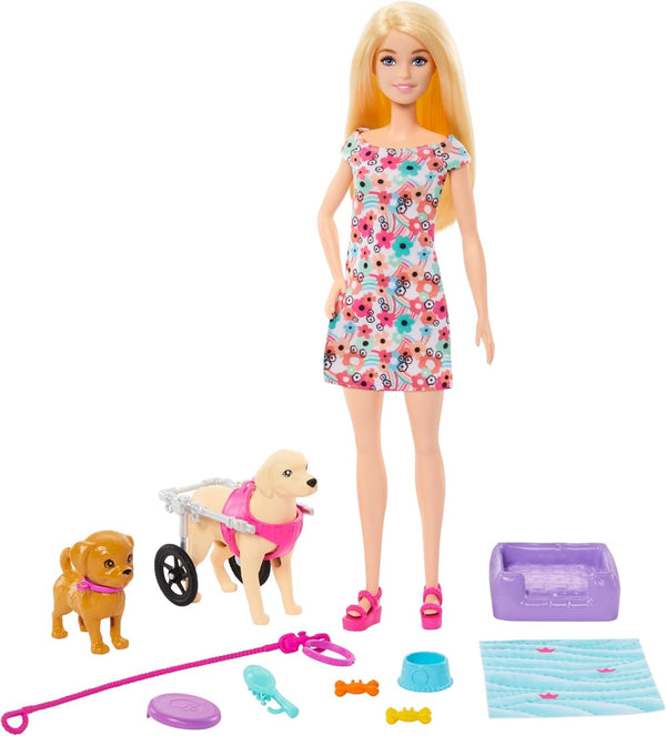 Păpușă Barbie Dog Duo și accesorii, inclusiv câine mic și câine mare cu scaun cu rotile, lesă, bol de mâncare, pat pentru animale de companie și tratează oasele, pentru copii de la 3 ani, HTK37