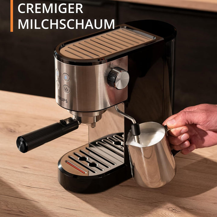 Krups Virtuoso Essential espresso portafilter machine, 15 bar, Aplicații din oțel inoxidabil, Design subțire, Panou de control cu 4 funcții, Incl. accesorii barista, Oțel inoxidabil, XP441810