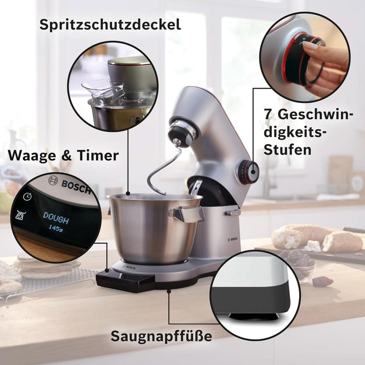 Bosch Küchenmaschine Serie 8 MUM9AX5S00, Edelstahl-Schüssel 5,5 L, Integrierte Waage Und Timer, Planetenrührwerk, Profi-Knethaken, Schlag-, Rührbesen, Edelstahl, 7 Arbeitsstufen, 1600 W, Silber