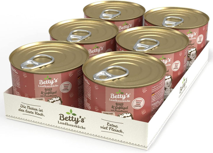 Betty'S Landhausküche cutie de hrană umedă pentru pisici, Fără cereale, Cea mai bună calitate, Carne de înaltă calitate, Gently cooked, Potrivit pentru toate rasele de pisici, Pui și fazan cu ulei de borangic 6 X 200 G