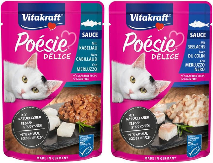 Vitakraft Poésie Délice, Fish Selection, hrană umedă pentru pisici, hrană umedă pentru pisici în sos, cu pollock, cu cod, fără adaos de zahăr și cereale (1 pachet de 6X 85G)
