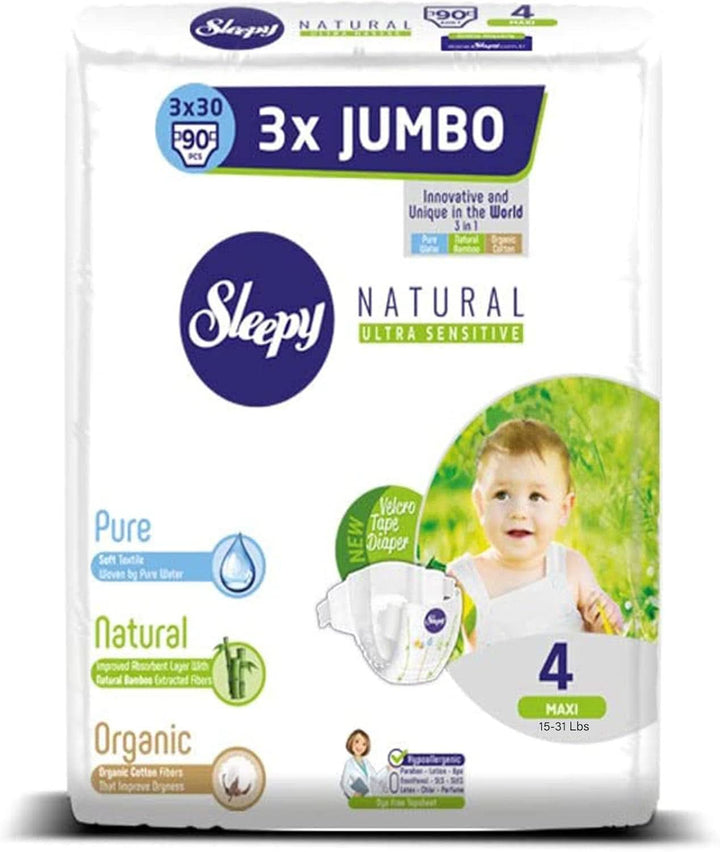 Sleepy 3X Jumbo Natural Baby Scutece, fabricate din bumbac organic și extract de bambus