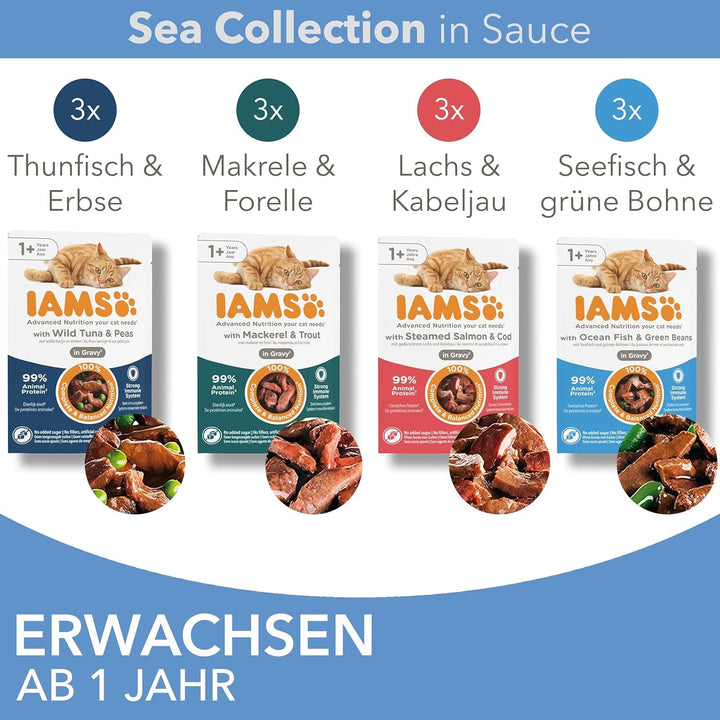 Hrană umedă pentru pisici IAMS Delights Sea Collection - Multipack cu sortimente de pește (somon, ton, macrou, pește de mare) în sos, hrană umedă pentru pisici de la 1 an în sus, 12 X 85G