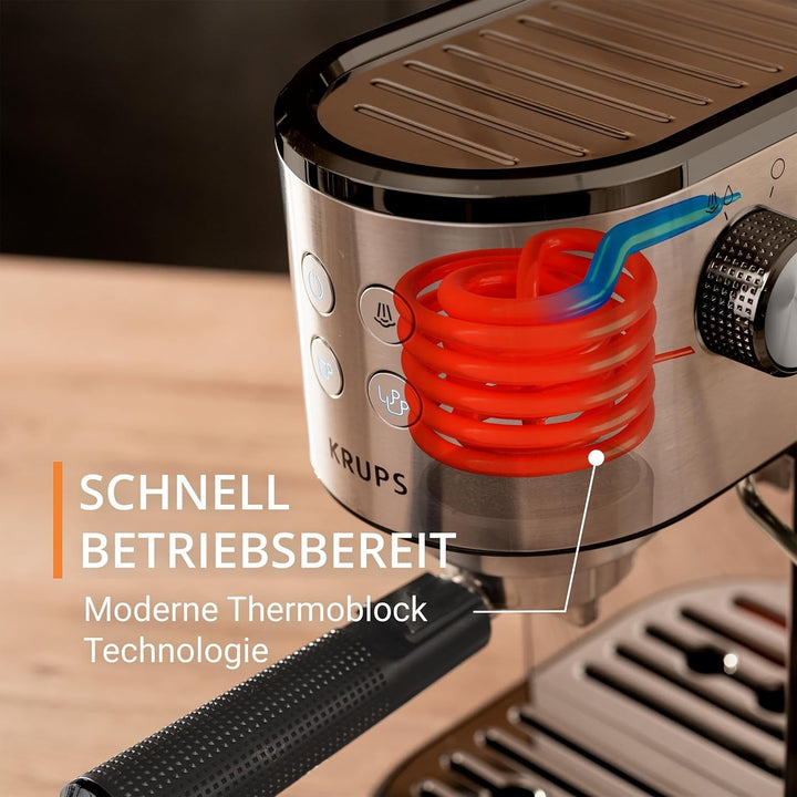 Krups Virtuoso Essential espresso portafilter machine, 15 bar, Aplicații din oțel inoxidabil, Design subțire, Panou de control cu 4 funcții, Incl. accesorii barista, Oțel inoxidabil, XP441810