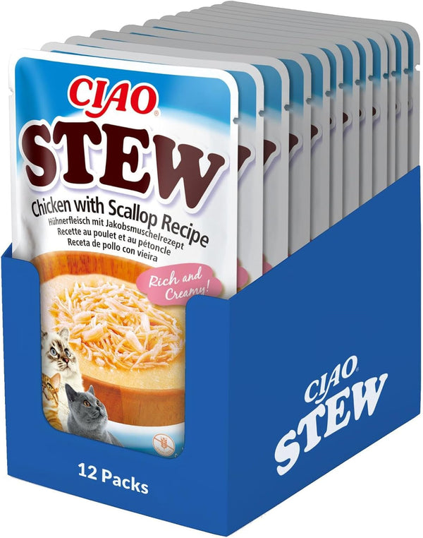 INABA Ciao Stew Hrană umedă pentru pisici 86% umiditate și vitamina E, supă premium pentru pisici cu pui și scoici 40 G (pachet de 12), 100% carne naturală, fără cereale, fără zahăr
