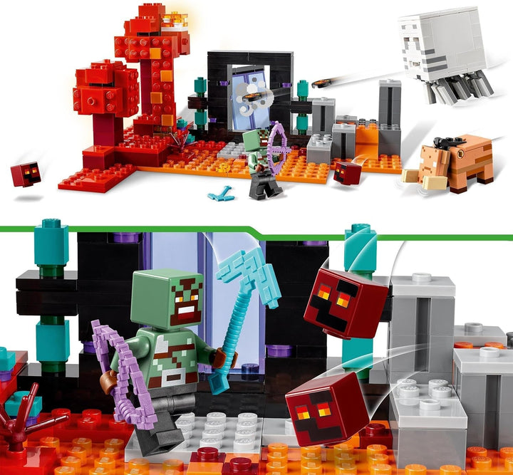 LEGO Minecraft Ambush la portalul Nether, jucărie de jocuri în Nether pentru copii cu scene de luptă și figuri legendare, inclusiv Ghast, cadou pentru băieți și fete gamer de la 8 ani 21255