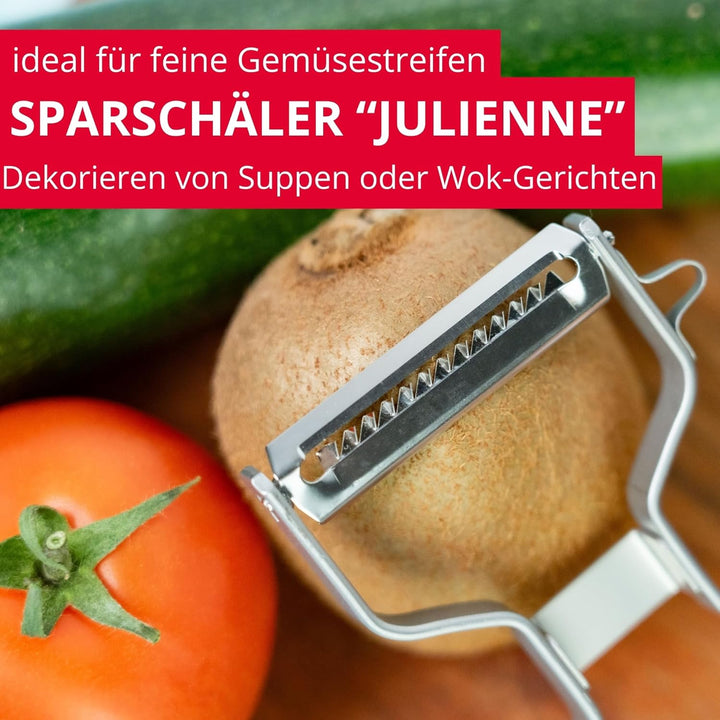 Westmark Sparschäler Julienne – Dünne Gemüsestreifen Für Suppen- & Wok-Perfektion Schneiden Leicht Gemacht, Scharfe Klinge Für Rechts- & Linkshänder – Robuster Edelstahl